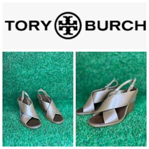 Tory Burch Gabrielle Slingback Wedge Sandal in Royal‎ Tan Size 7.5